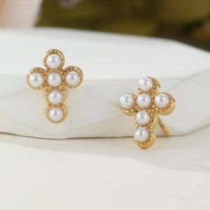 Stainless Steel Pearl Statement Cross Studs